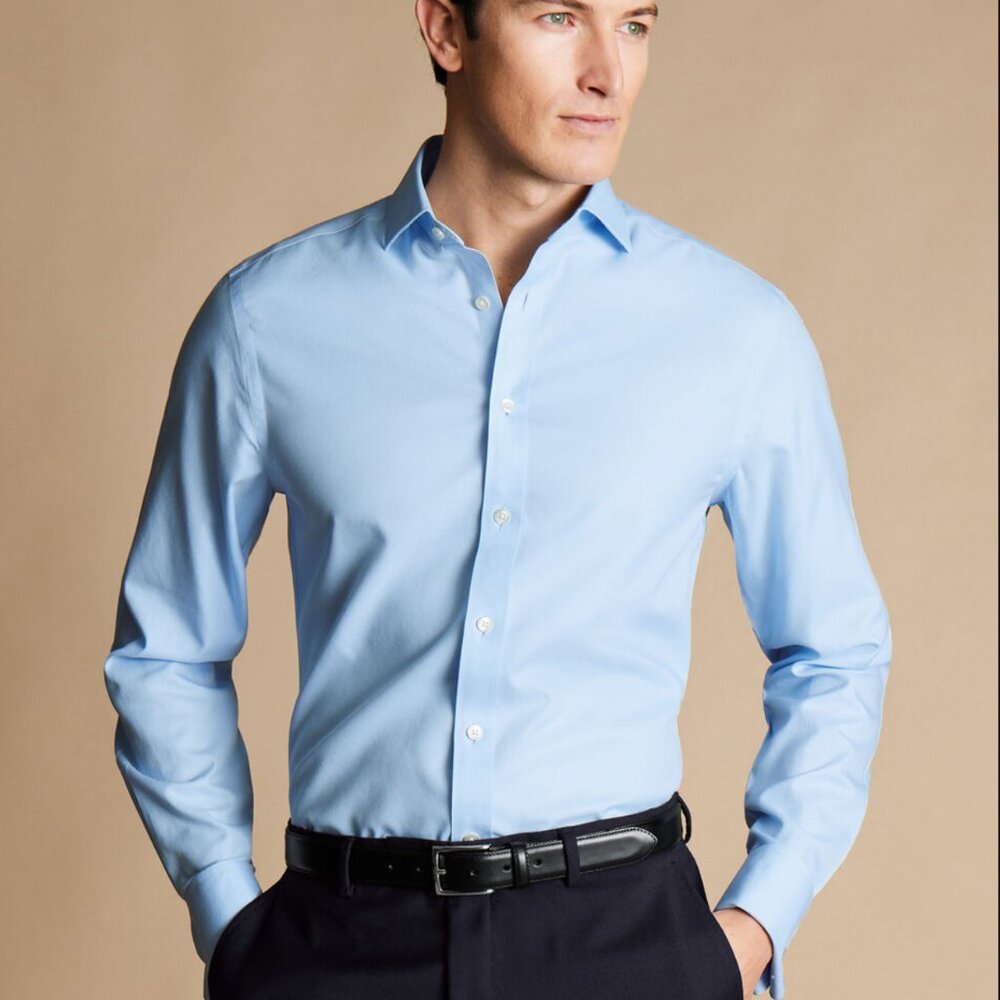 CHARLES TYRWHITT Cutaway Collar Non-Iron Twill Shirt Sky Blue Size L Neck 16 NWT